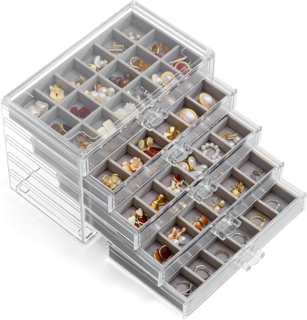 YUFONG Jewelry Organizer with 5 Drawers Clear Acrylic Earring Display Case Velvet Jewelry Storage Box Display Holder for Earring Ring Bracelet Necklace (Gray, 90 Grids)