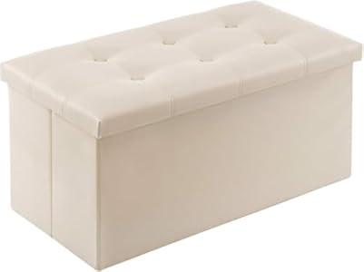 YOUDENOVA Folding Storage Ottoman, Faux Leather Ottoman Bench Footrest Ottoman, Storage Chest Padded Seat for Bedroom and Living Room, Beige,15" D x 30" W x 15" H