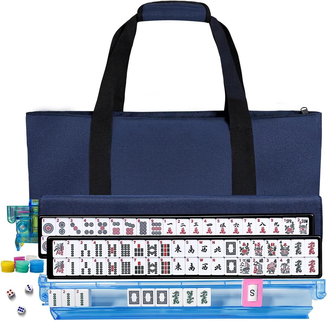 American Mahjong Tile Set, American Mahjong Set Complete with Bag, 166 White Tiles with Bag and Accessories, 4 All-in-One Mahjong Racks with Pushers, Travel Vita Mahjong Tile Game Set