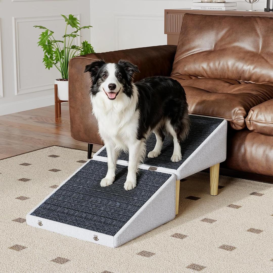 3-in-1 Dog Ramp Pet Stairs 18.5"x18.3"x18.1" with Hidden Storage Ottoman, Anti-Slip Steps for Small, Medium, Large, Senior & Injured Pets, 220LBS for Bed & Sofa (White)