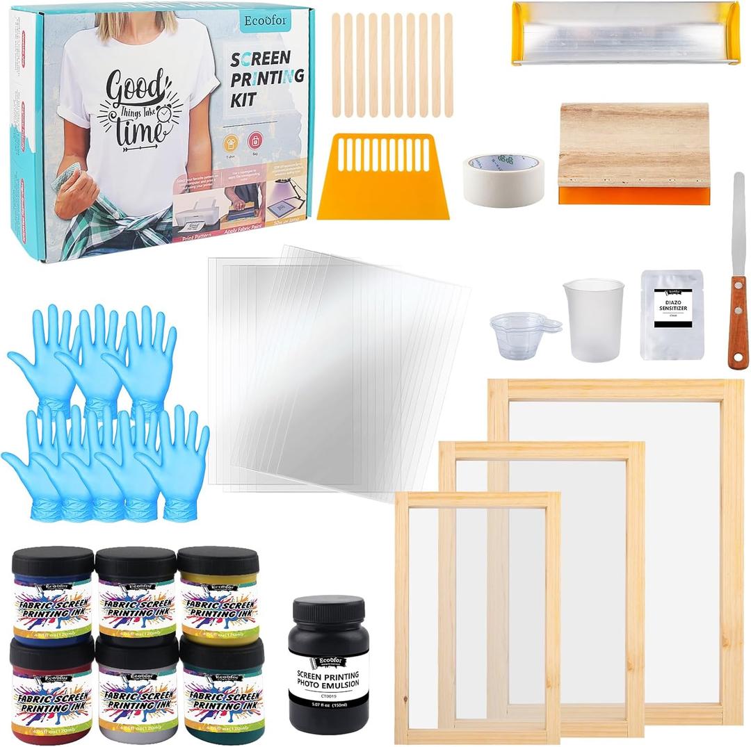 Ecoofor 49pcs All-in-One Screen Printing Kit with, 3 Size Wood Screen Printing Frames, 6 Colors Screen Printing Ink,10 A4 Size Inkjet Transparency Films