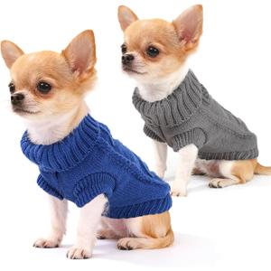 2 Pieces Dog Sweater for Small Dogs Winter Warm Dog Knitted Sweaters Cute Puppy Clothes for Chihuahua Teacup Yorkie Pet Cat Knitwear Turtleneck Thick Clothing Medium (7.3~11.3lbs) (plaid Blue+Dark gray)