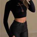 WDIRARA Women's Contrast Mesh T Shirts Mock Neck Long Sleeve Tee Gothic Punk Crop Tops (Black, S)