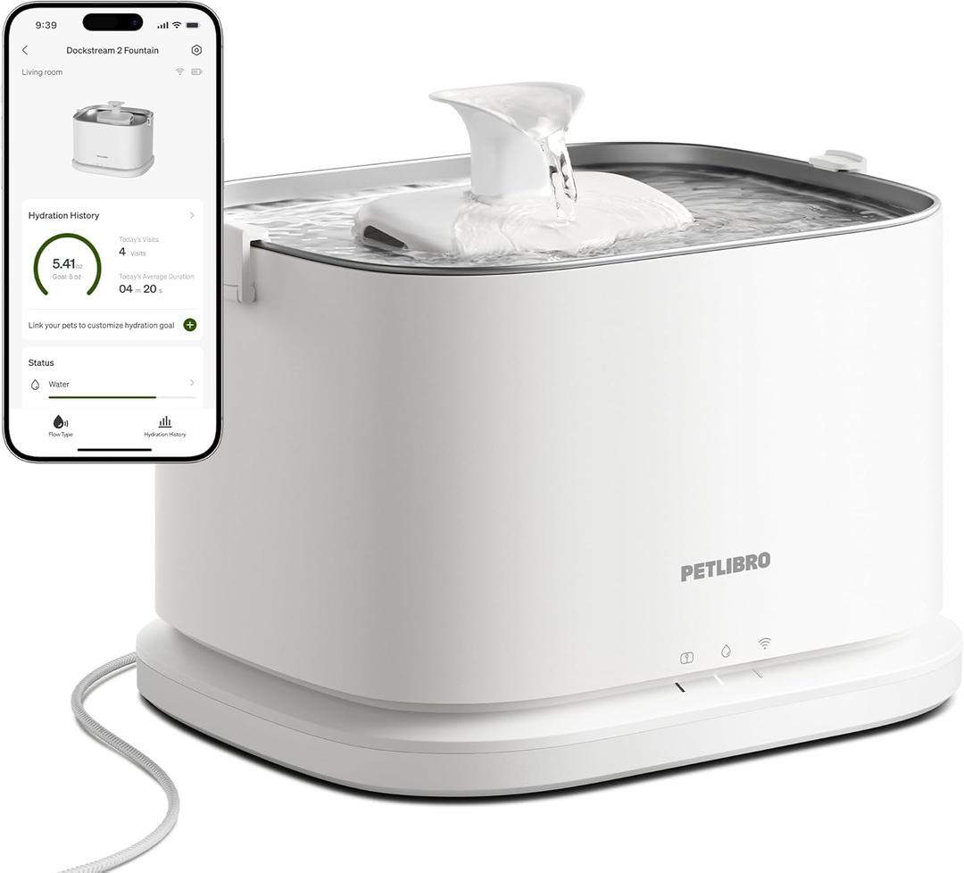 PETLIBRO Upgrade Cat Water Fountain Stainless Steel Tray, Dockstream 2 Cat Fountain Indoor, 3L/101oz Auto Cat Fountains for Drinking, App Monitoring Pet Water Fountain Dog, 5G WiFi Cat Water Dispenser (White)