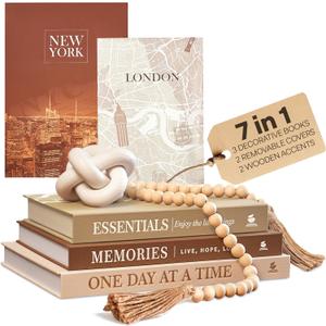 JULZEN Linen Decorative Books for Home Decor - Aesthetic Set of 3 Beige Fake Books for Coffee Table Decor with Faux Book Box Storage, Wood Knot & Bead Garland - Neutral Living Room Decoration