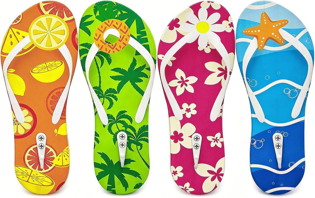 4 Pcs Hawaiian Beach Flip Flop Wall Hooks, Decorative Wooden Towel Rack Hangers for Pool Bathroom Bedroom Ornament, One Si