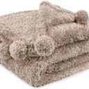 PAVILIA Tan Sherpa Throw Blanket for Couch, Warm Plush Pom Pom Blanket Throw Twin, Fuzzy Sofa Blanket Throw for Bed, Lightweight Soft Cozy Fluffy Blanket with Pom Poms, Taupe, 60x80