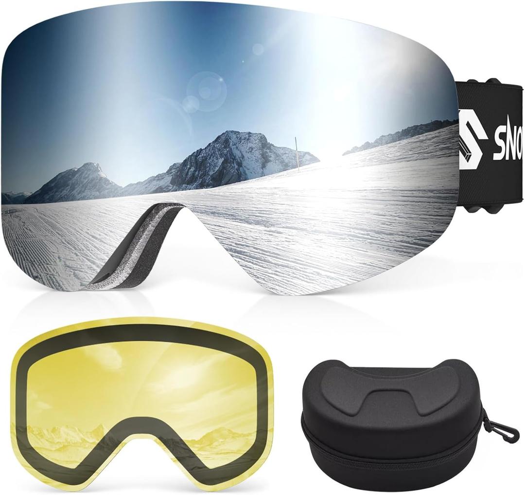 Ski Goggles, Frameless Snowboard Goggles with 2 UV400 Magnet Ski Lenses for Men & Women (Silver(vlt 9%) + Yellow(vlt 83%))