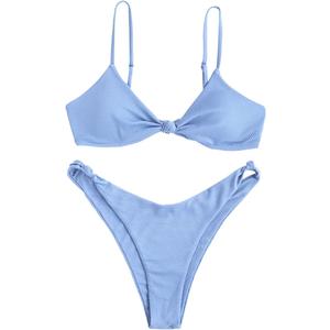 ZAFUL Women's Sexy Triangle Bikini Set Cami String Swimwear Texture High Cut Thong Swimsuit Cheeky Two Piece Bathing Suit M