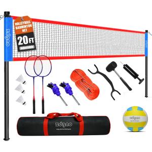 Outdoor Portable Volleyball Net System - Adjustable Height Poles with Soft Volleyball Ball, Pump, Hammer, Boundary Line, and Carry Bag for Backyard, Beach, Lawn, 20ft x 3ft