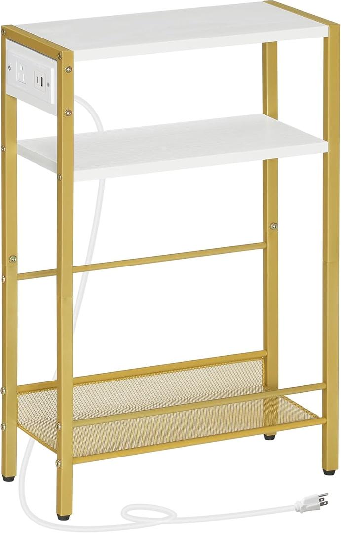 HOOBRO Small Narrow Side Table with Charging Station, Skinny End Table for Small Spaces, Slim Nightstand with USB Ports Outlet, Sofa Beside Table with Storage Shelf, White and Gold DW102UBZ01