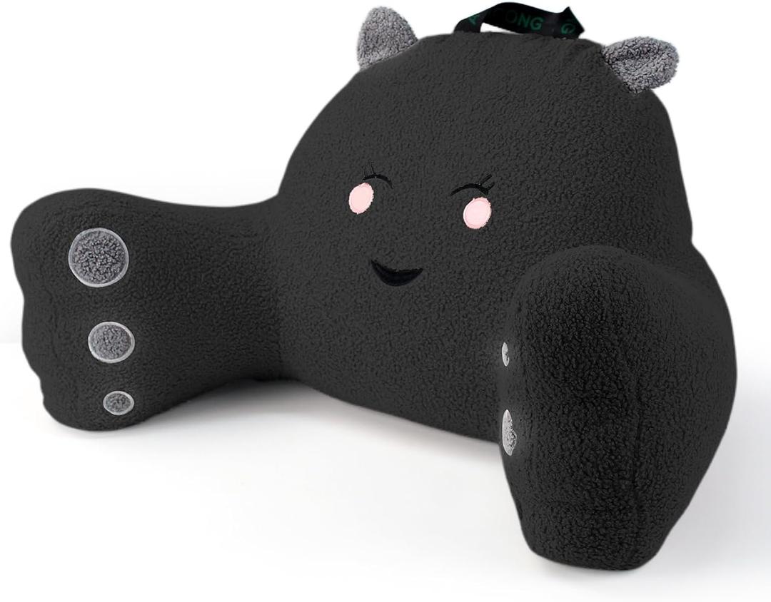 Reading Pillow for Sitting in Bed Couch Teens/Adult, Back Rest Pillow for Sitting Up in Bed with Shredded Memory Foam, Includes Arms and Washable Cover (Black) (Teddy Velvet)