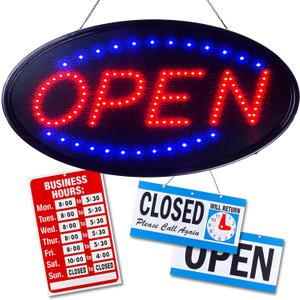 Neon Open Sign for Business: Oval LED Sign with Flashing Mode for Stores - Includes Business Hours and Open & Closed Signs
