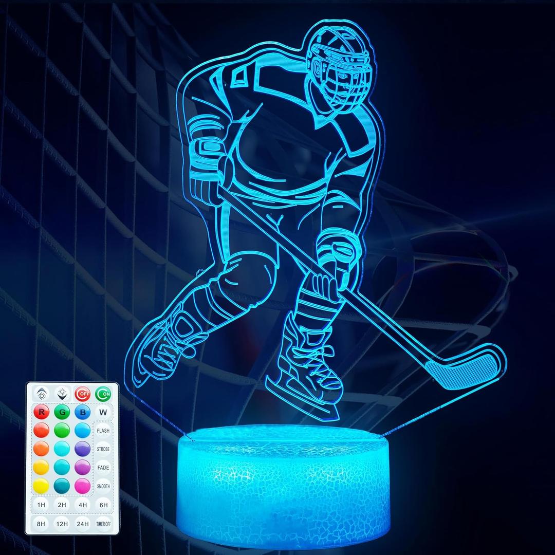 Hockey Night Light, Ice Hockey Gifts, Hockey 3D Lamp with Remote Control, 16 Colors Changing, RGB Flashing Mode, Timer and Dimmable for Birthday Xmas Cool Figurines Gifts for Room Decor Boys Girls