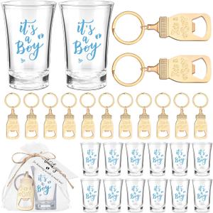 Vesici 20 Sets Baby Shower Favors for Girls Boys Acrylic Shot Glasses Gold Bottle Opener Keychains Thank You Tags and Bags for Baby Shower Party Gender Reveal Party Guests Return Gift(It's A Boy)