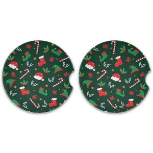 Christmas Pattern Car Coasters 2 Pack Absorbent Car Cup Holder Coaster 2.5" Ceramic Drinks Coaster with Finger Notch & Cork Base