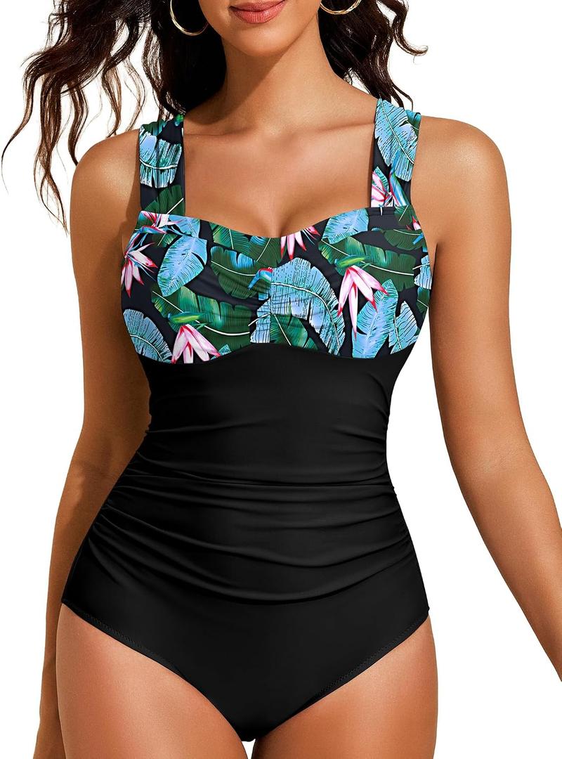 Womens One Piece Swimsuit Tummy Control Push Up Bathing Suits Ruched Full Coverage Slimming Swimwear (M)
