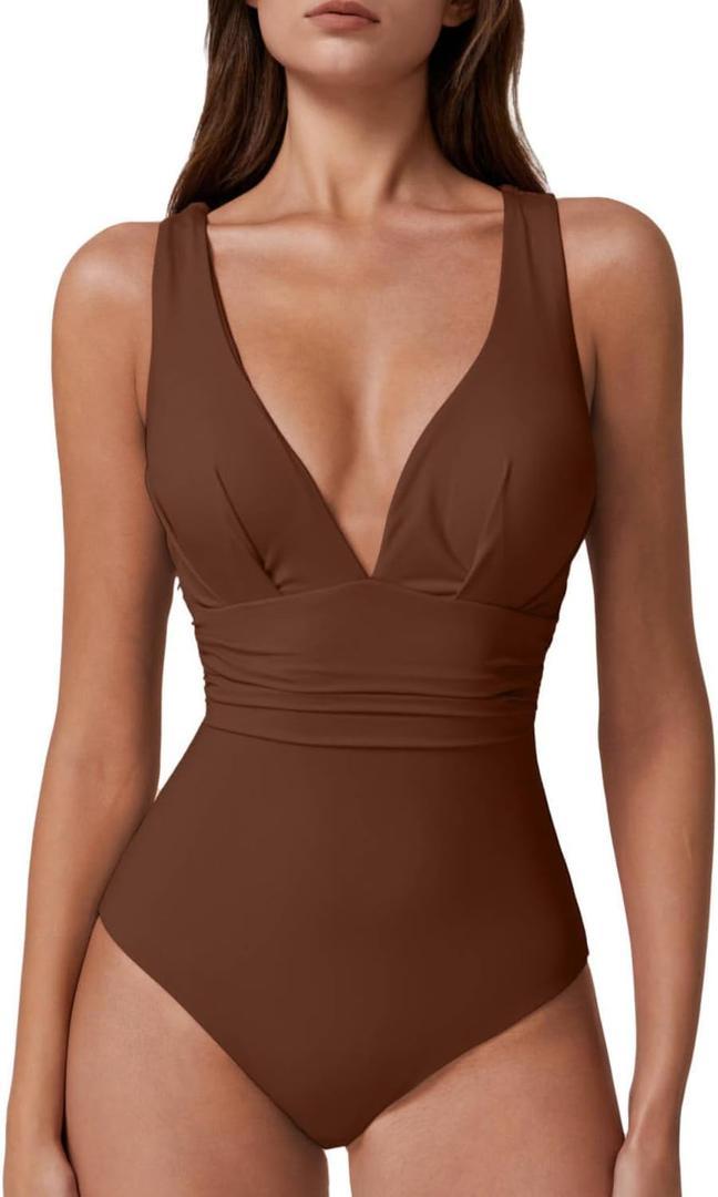QINSEN Womens Sexy V Neck One Piece Bathing Suit Cross Back Swimsuit High Waist Monokini (Brown), XL