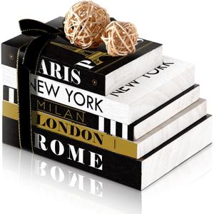 Geetery 5 Pcs Wooden Books Decor for Home with 2 Rattan Balls Fake Modern City Stack Book Aesthetic for Living Room Farmhouse Coffee Table Shelf Decor