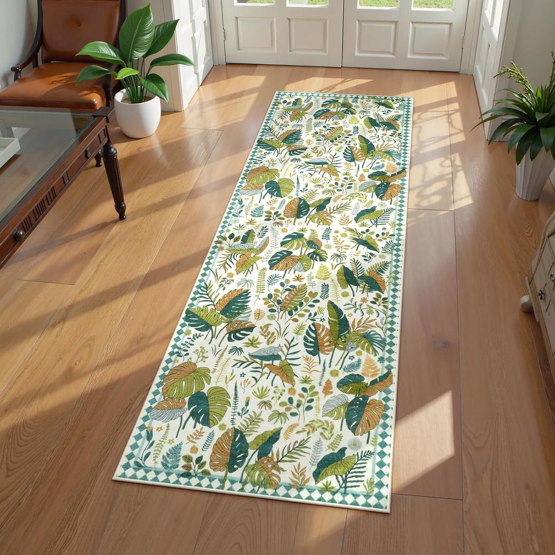 Anidaroel Green Botanical Hallway Runner Rug, 2x6 Washable Kitchen Runner Rug Non Skid, Soft Ultra-Thin Modern Leaf Print Rugs Indoor Throw Carpet for Entryway Bedside Laundry