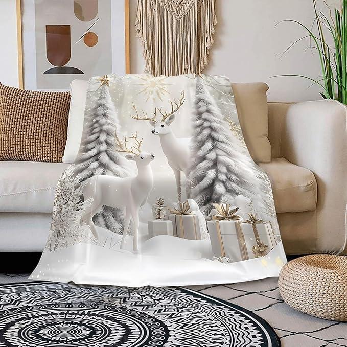 Christmas Reindeer Throw Blanket for Couch Bed Sofa Winter Holiday Cozy Christmas Tree Flannel Blanket with Snow Scene Deer and Pine Trees Farmhouse Christmas Decor Xmas Gifts (Xmas 1, 50''x60'')