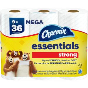 Charmin Essentials Strong Toilet Paper, 9 Mega Rolls = 36 Regular Rolls