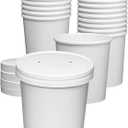 24 oz White Paper Food Containers with Vented Lids, Disposable Hot Soup Bowls and Ice Cream Cups, 32 Sets