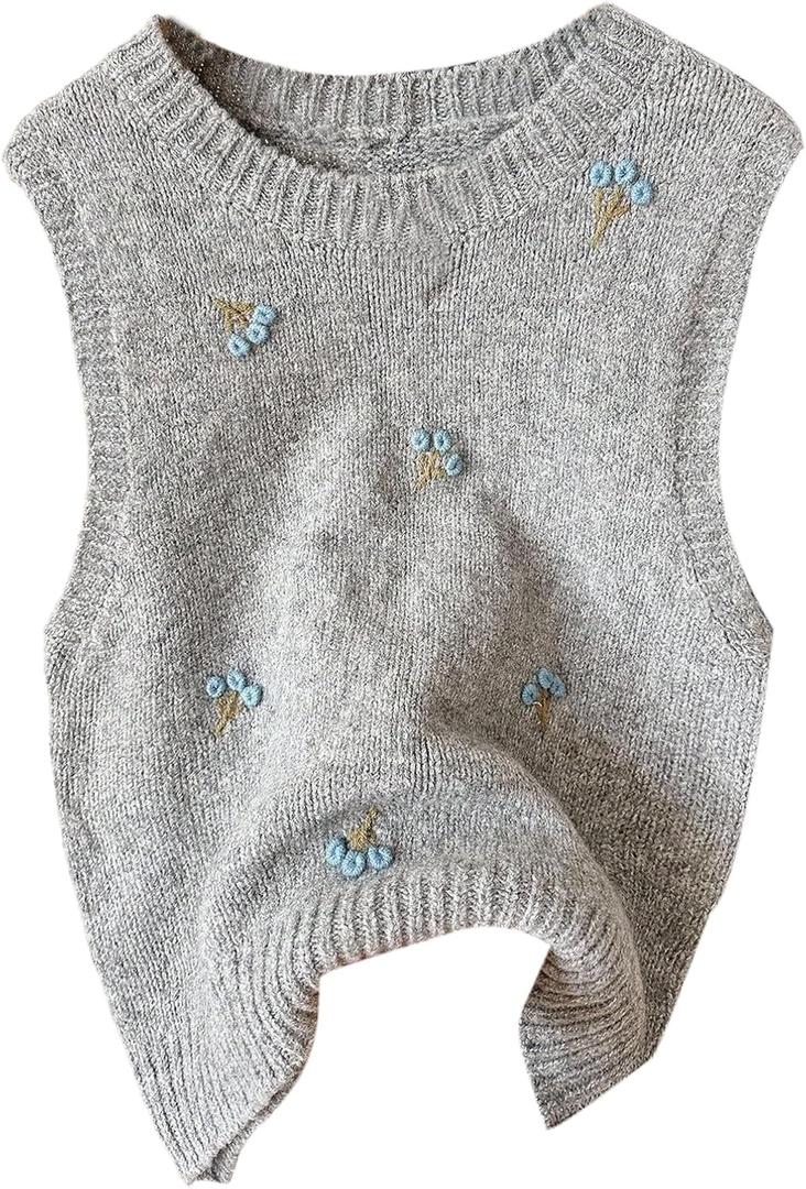 SweatyRocks Women's Crew Neck Sweater Vest Embroidered Sleeveless Pullover Sweater Tank Tops Knitwear (Large, Grey)