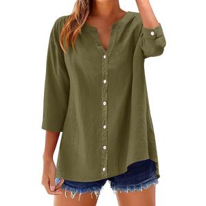 LOMON Womens 3/4 Sleeve Button Down Shirts Cotton Linen Roll Up Short Sleeve Tops V Neck Casual Loose Fit Blouses L