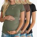 Xaatren 3 Pack Women's Maternity Shirts Crew Neck Short Sleeve Maternity Tops Side Ruched Lettuce Trim Pregnancy Tees, Size: M