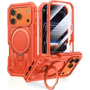 FNTCASE for iPhone 17 Pro Case: Magnetic Phone Cases with [Ring Kickstand] [Built-in Screen Protector] [Heavy Duty Military Grade Protection] Drop Protective Rugged Hard TPU Cell Phone Cover Orange