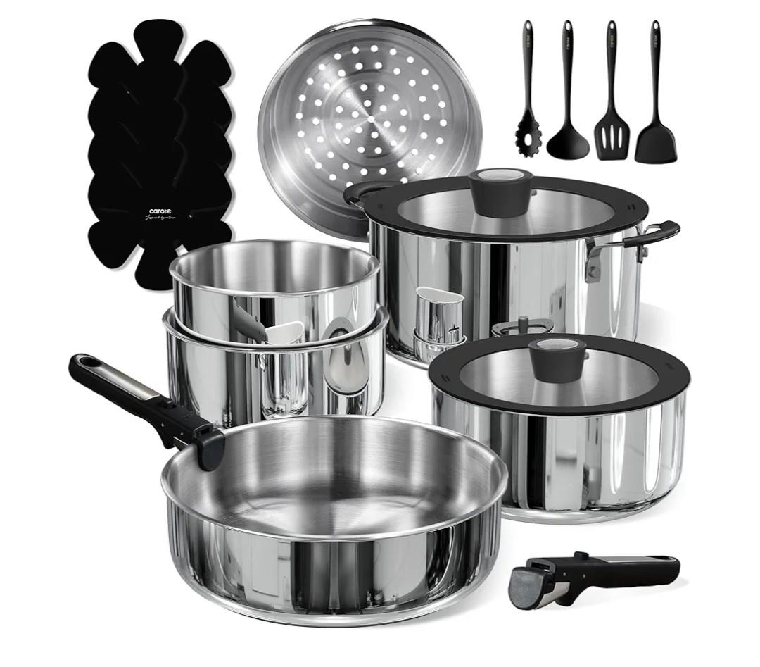 CAROTE 18pcs Stainless Steel Cookware Set with Detachable Handle, Nonstick Pots and Pans Set, Induction Kitchen Cookware Sets with Removable Handle, RV Cookware Set, Oven Safe, Camping Cookware, Black