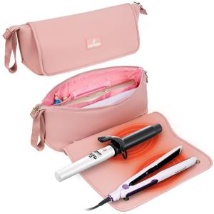 Hair Tools Travel Bag with Heat Resistant Mat, Portable 2 in 1 Hair Storage Bag for Curling Iron, Flat Irons, Straighteners and Haircare Accessories, Pink