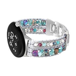 CHARMINGO Boho Leather Bands Compatible with Google Pixel Watch 1/ 2/ 3 41mm Band, Natural Stone Bracelet Dressy Strap Wristband Replacement for Google Watch Bands, Sliver Stone