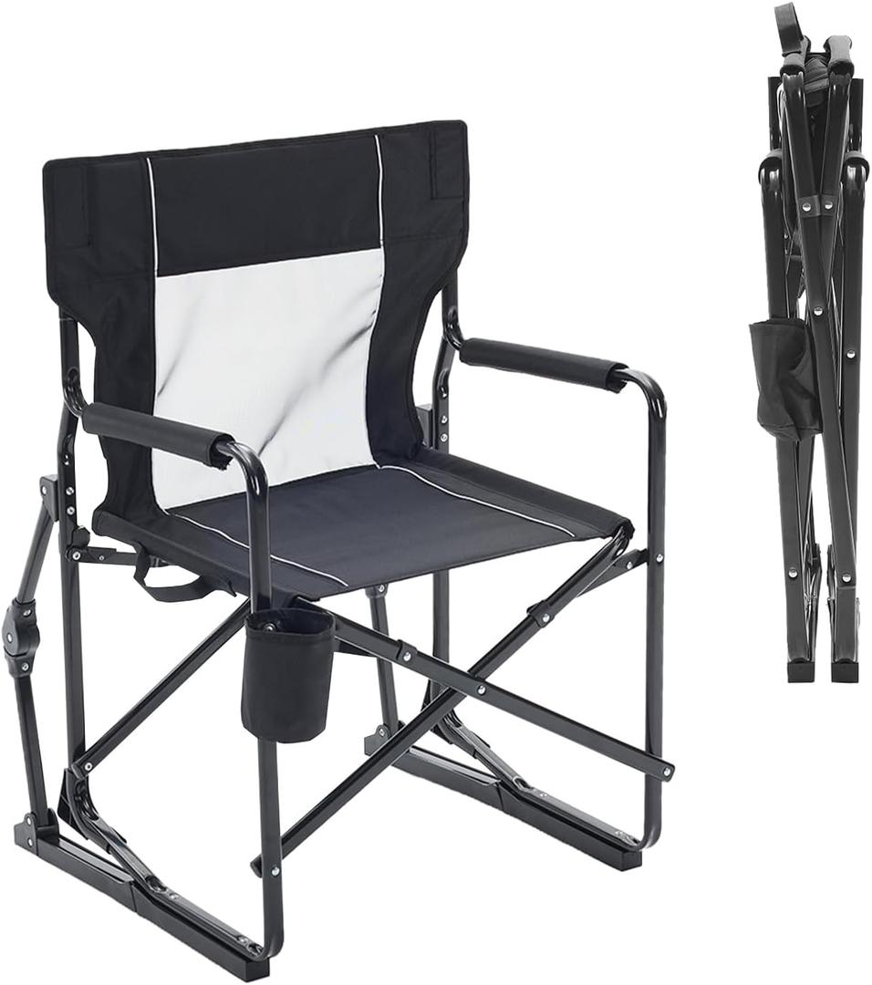 Folding Rocking Chair for Adults - Outdoor Camping and Lawn Chair with Breathable Mesh, Detachable Waterproof Armrests and Cup Holder Portable Travel Seat, Black, 24.84*24.57*36.22inch