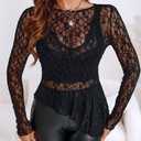 CHICME Womens Long Sleeve Mesh Top Round Neck Lace Floral See Through Blouses Casual Asymmetrical Shirt (Without Tank) (Black, S)