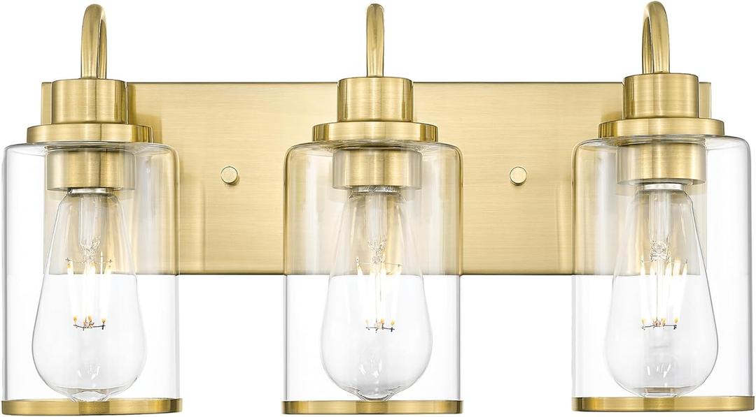Beionxii Bathroom Vanity Light, 3 Light Gold Bathroom Light Fixtures with Clear Glass Shade, Modern Vanity Lighting Fixtures Over Mirror, Living Room, Hallway, BX-VL01BG-3CG