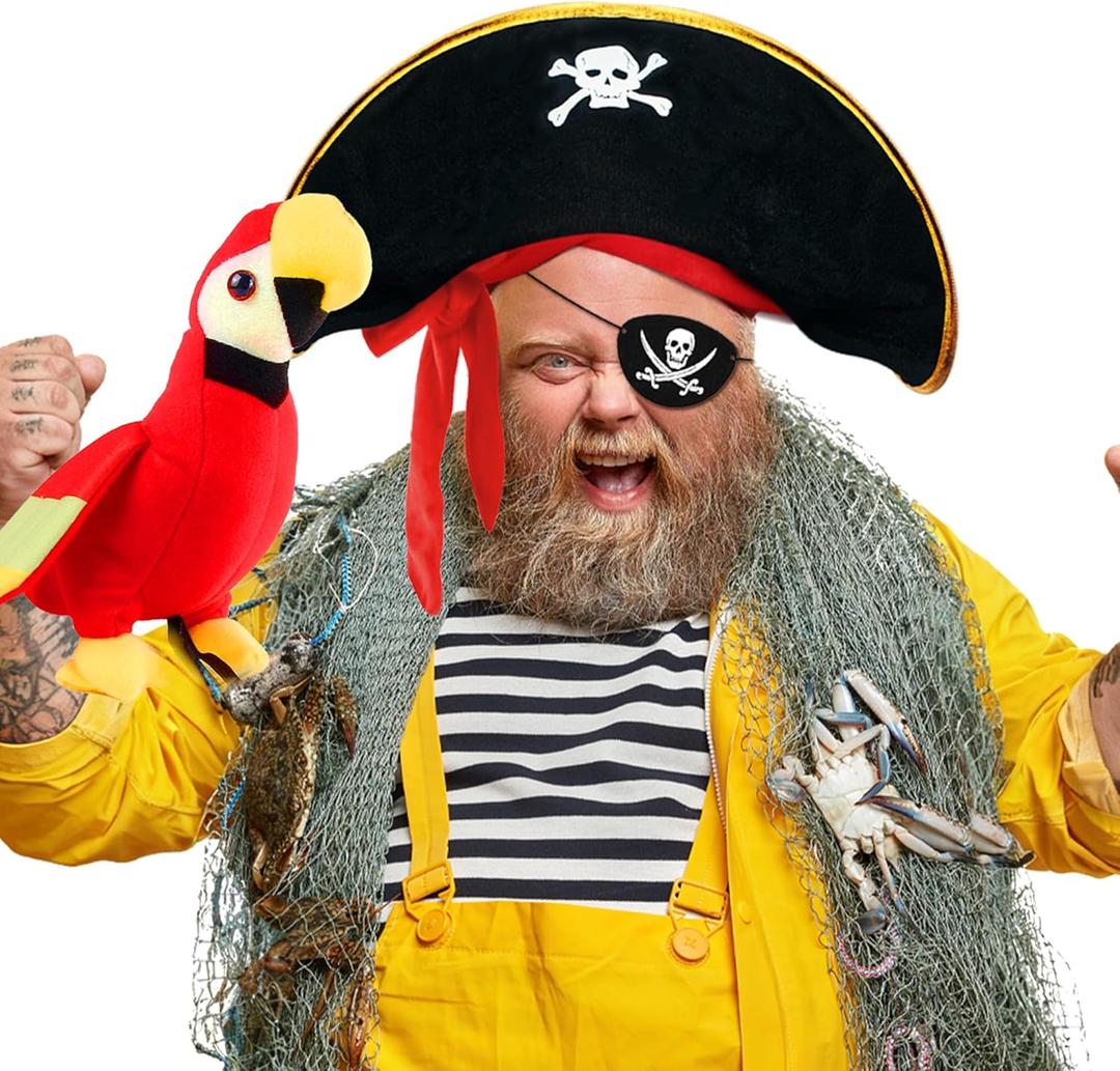 M&G House Halloween Pirate Hats Caribbean Black Pirate Cap Pirate Accessories Funny Party Hat Fancy Dress Adult Kid (Black Bonnet Parrot)