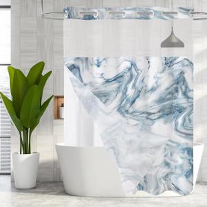 MitoVilla Blue Marble Long Shower Curtain 72 x 80, No Hooks Required 80 inch Long Fabric Cloth Shower Curtain Set with Cloth Snap-in Liner for Modern Hotel Bathroom Decor