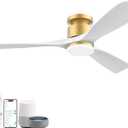 52 Inch Smart Low Profile Ceiling Fans,Solid Wood Outdoor Indoor Ceiling Fan with Lights Remote,WIFI Alexa App Control,Quiet DC Motor,Dimmable LED,Modern Flush Mount Fan for Bedroom Patio,Gold White