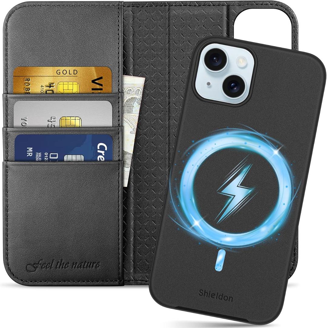 SHIELDON Wallet Case for iPhone 15 Plus 6.7", Genuine Leather Detachable Wireless Charging Folio Magnetic Kickstand RFID Blocking Card Slots Removable Cover Compatible with iPhone 15 Plus - Black (Black - Detachable)