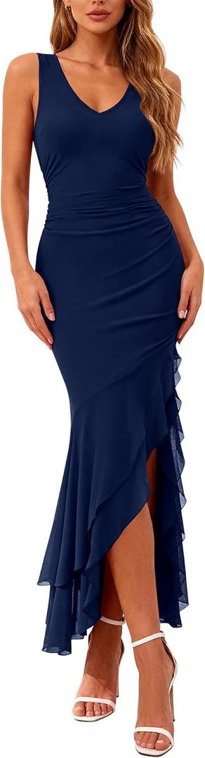 BTFBM Summer Dresses for Women 2026 Bodycon Ruched Sleeveless V Neck Solid Maxi Cocktail Wedding Guest Dress (Blue, XXL)