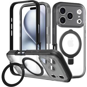 for iPhone 17 Pro Case with Magnetic Invisible Stand [Compatible with MagSafe] Military Drop Protection Shockproof Slim Translucent Skin-Touch Case Cover Black