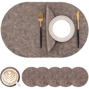 Homaxy Round Faux Leather Placemats and Coasters, Washable Dual-Side Table Mats, Wipeable Heat-Resistant Dining Place Mats for Outdoor and Indoor, Set of 6, Diameter 13 and 3.93 inch, Dark Brown