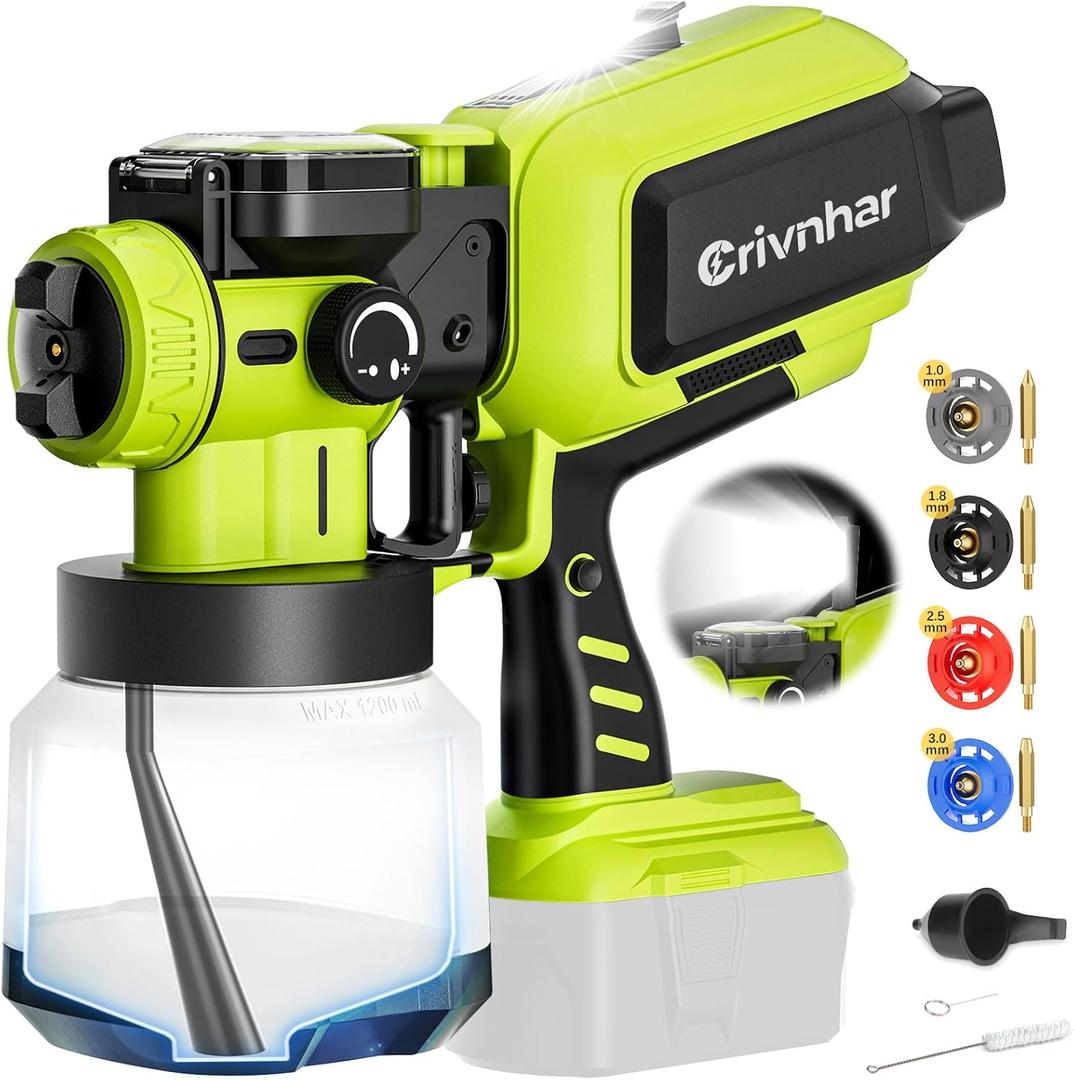Cordless Paint Sprayer for Ryobi 18V Batteries, HVLP Handheld Spray Gun with 1200mL Capacity & 4 Copper Nozzles, 70000RPM Brushless Motor for Cabinets, Furniture, Fence, Trim, House & More(Tool Only) (Lime Green)