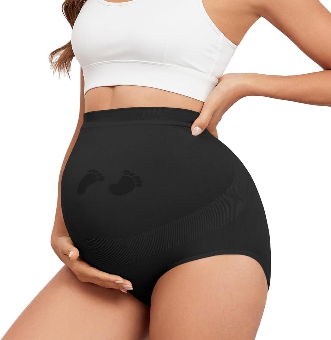 Maternity Underwear Seamless High Waisted Maternity Panties Over Bump Pregnancy Belly Support (Medium, Black)