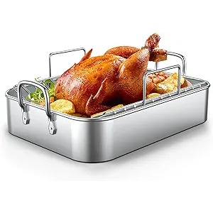 17x13in Stainless Steel Turkey Roaster with Racks - Non-toxic, Heavy Duty, For Roasting Turkey, Chicken, Meat, Lasagna