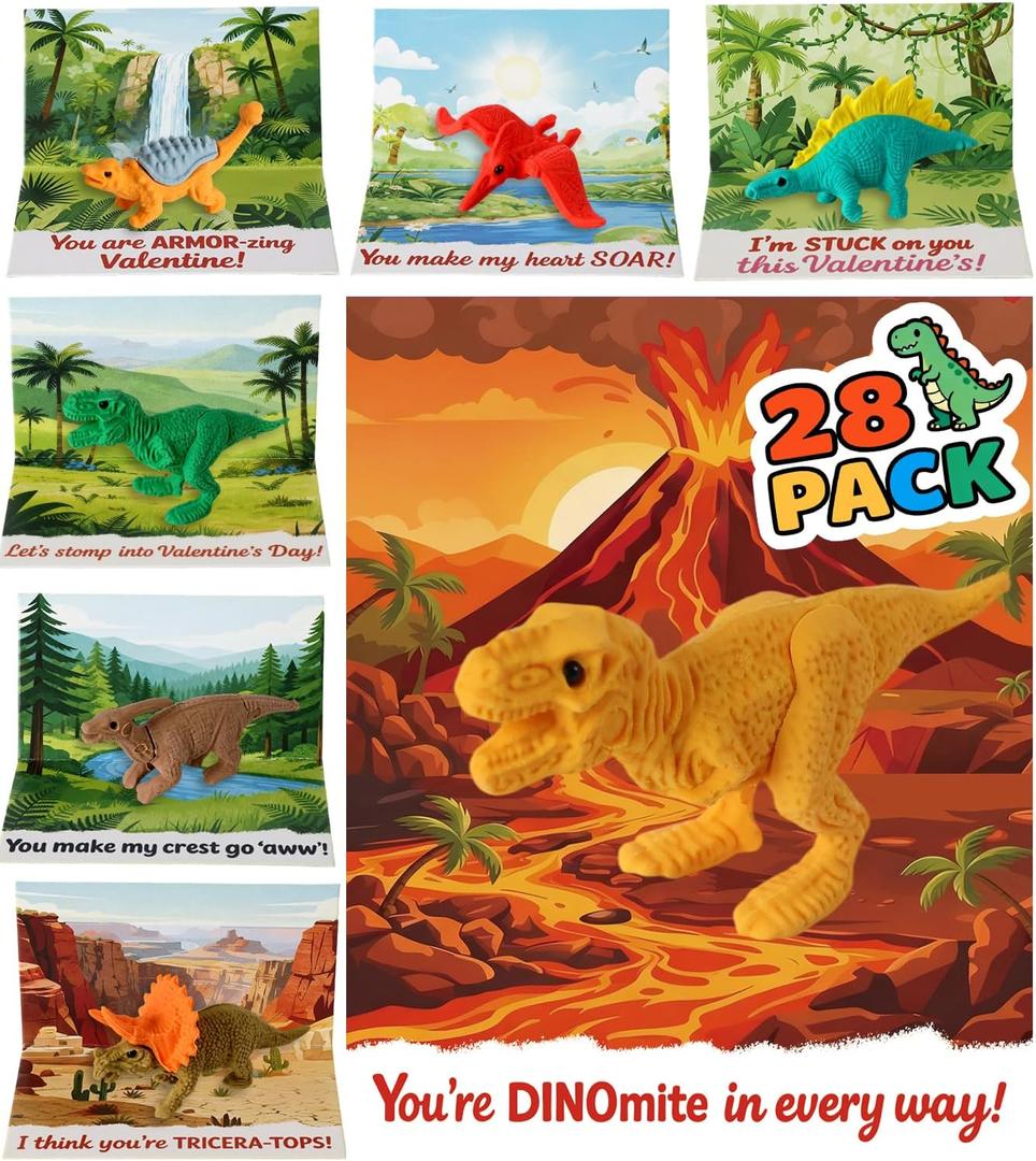 Swooflia 28 Pack Dinosaur Erasers Valentines Day Cards for Kids School Classroom Gifts-Mini Dinosaur, Valentine Exchange Stationery Gift Set for Kindergarten, 1st Grade Class