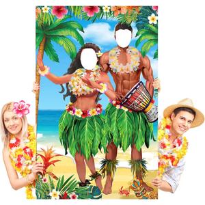 6 x 4 ft Hawaiian Photo Props Banner Tropical Luau Tiki Couple Door Banner Aloha Party Decorations Fabric Luau Photo Booth Background Aloha Tiki Backdrop for Beach Party