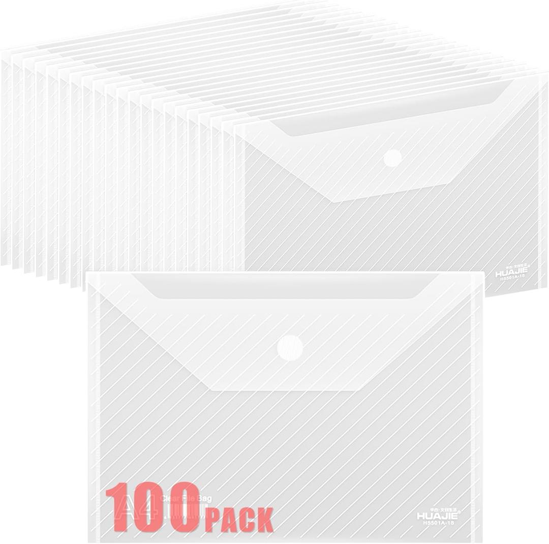 100 Pack, Plastic Envelopes – Transparent Waterproof Reusable File Folders for A4 Letter Sized Documents, Receipts, Photos & Office/School Use (100)